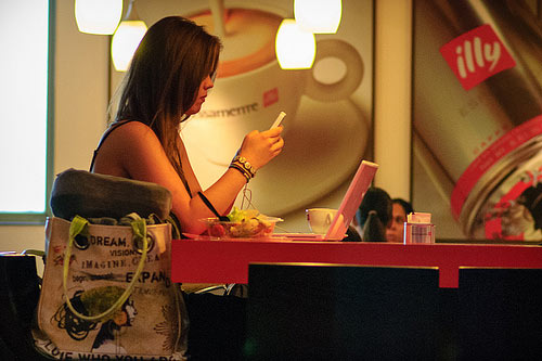 Texting in a cafe