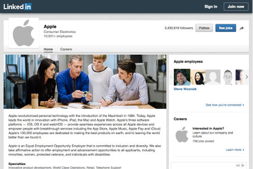 Apple's LinkedIn business profile page