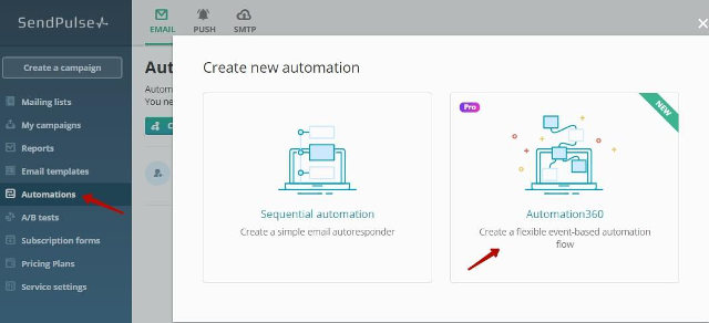 SendPulse automation menu