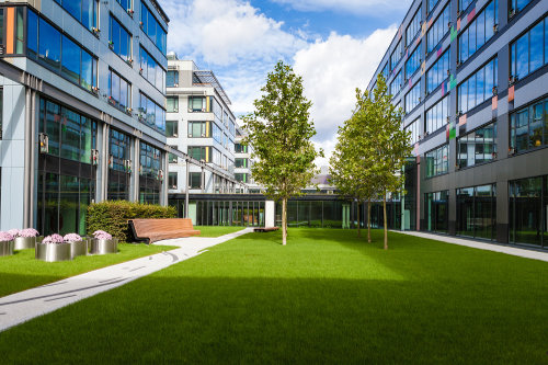 WELL Building Standard V2 for Commercial building with green lawn