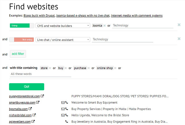 Website database search results