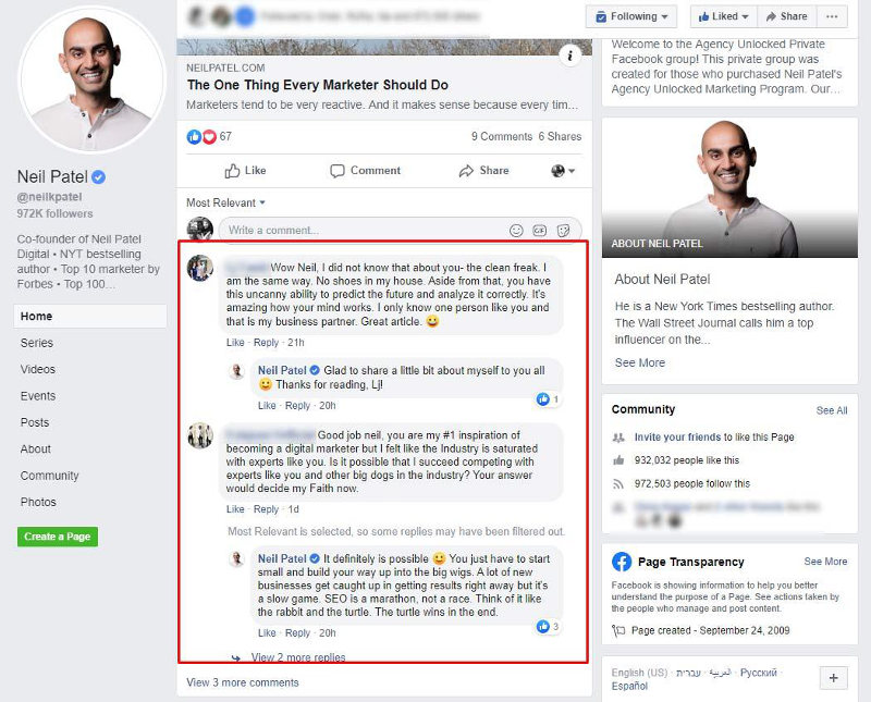 Neil Patel replies on FB posts