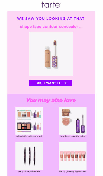 Email message according to customer browsing behavior - Tarte example