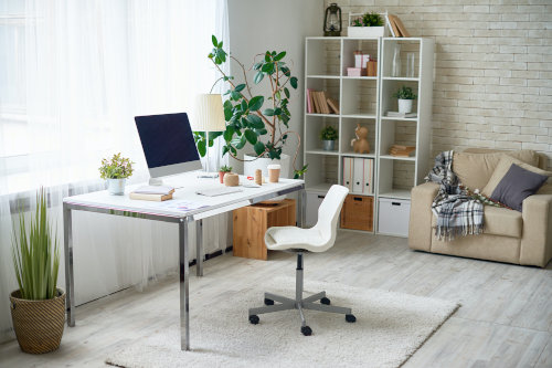 Home office with engineered wood flooring