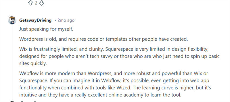 Webflow Reddit review screenshot